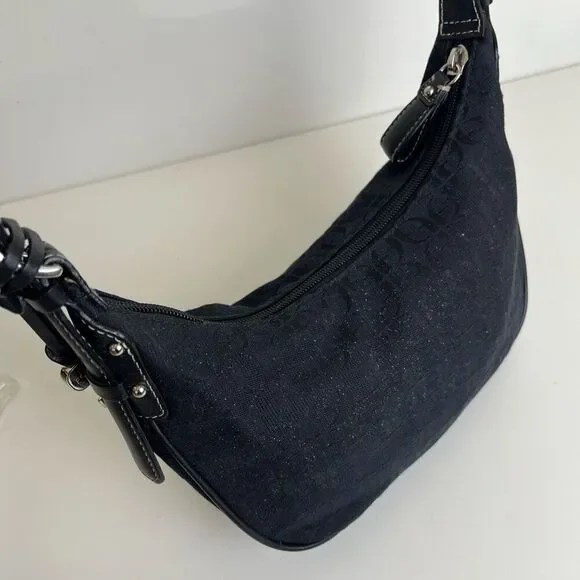 Fossil Y2K Mini Hobo Black Jacquard Leather Trim Logo Vintage Crescent Baguette - Picture 7 of 15